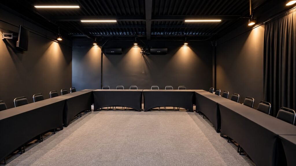 Locação de Auditório em Curitiba 6Transformatoria Auditório da Transformatória com mesas em formato U e ar-condicionado
