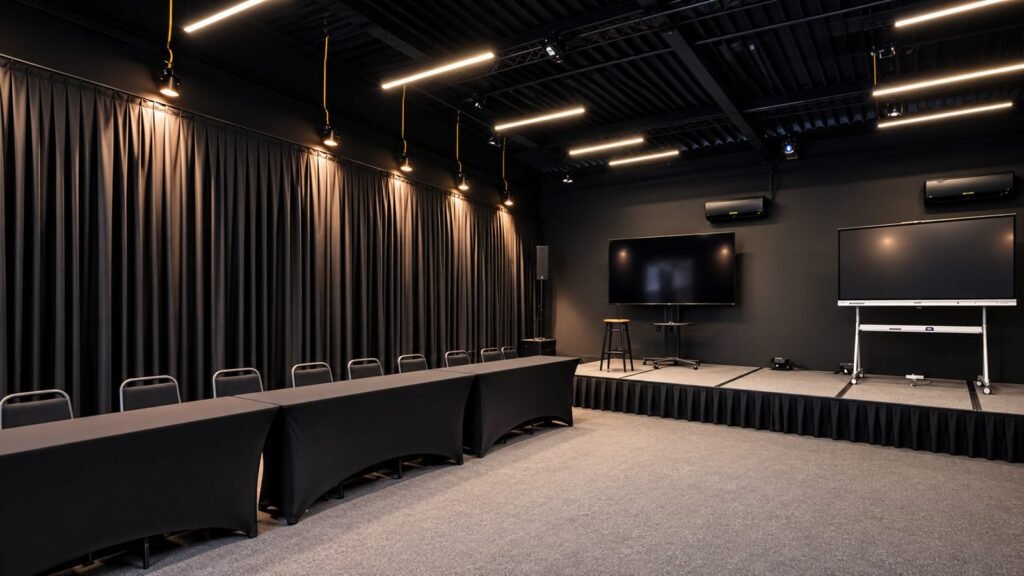 Locação de Auditório em Curitiba 4Transformatoria Palco do auditório da Transformatória com tela interativa de 75 polegadas