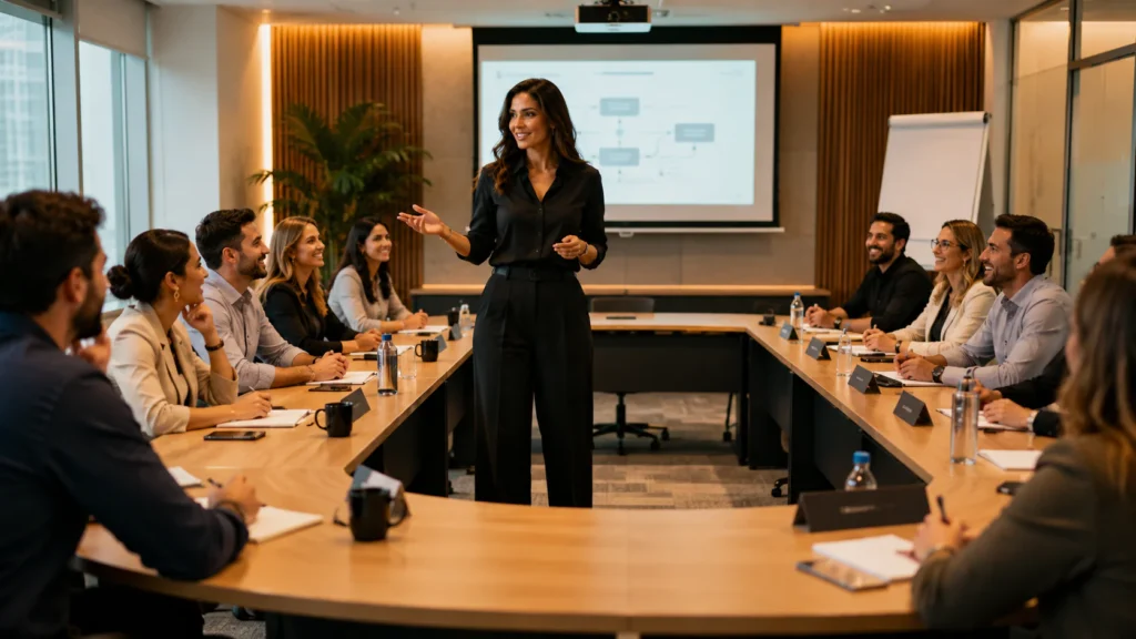Facilitadora conduzindo treinamento in company em sala de reunião